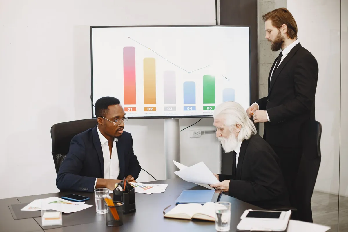 Sala de reunión de una consultora con una pantalla grande encendida mostrando un gráfico de barras y tres personas de traje con los informes en la mesa