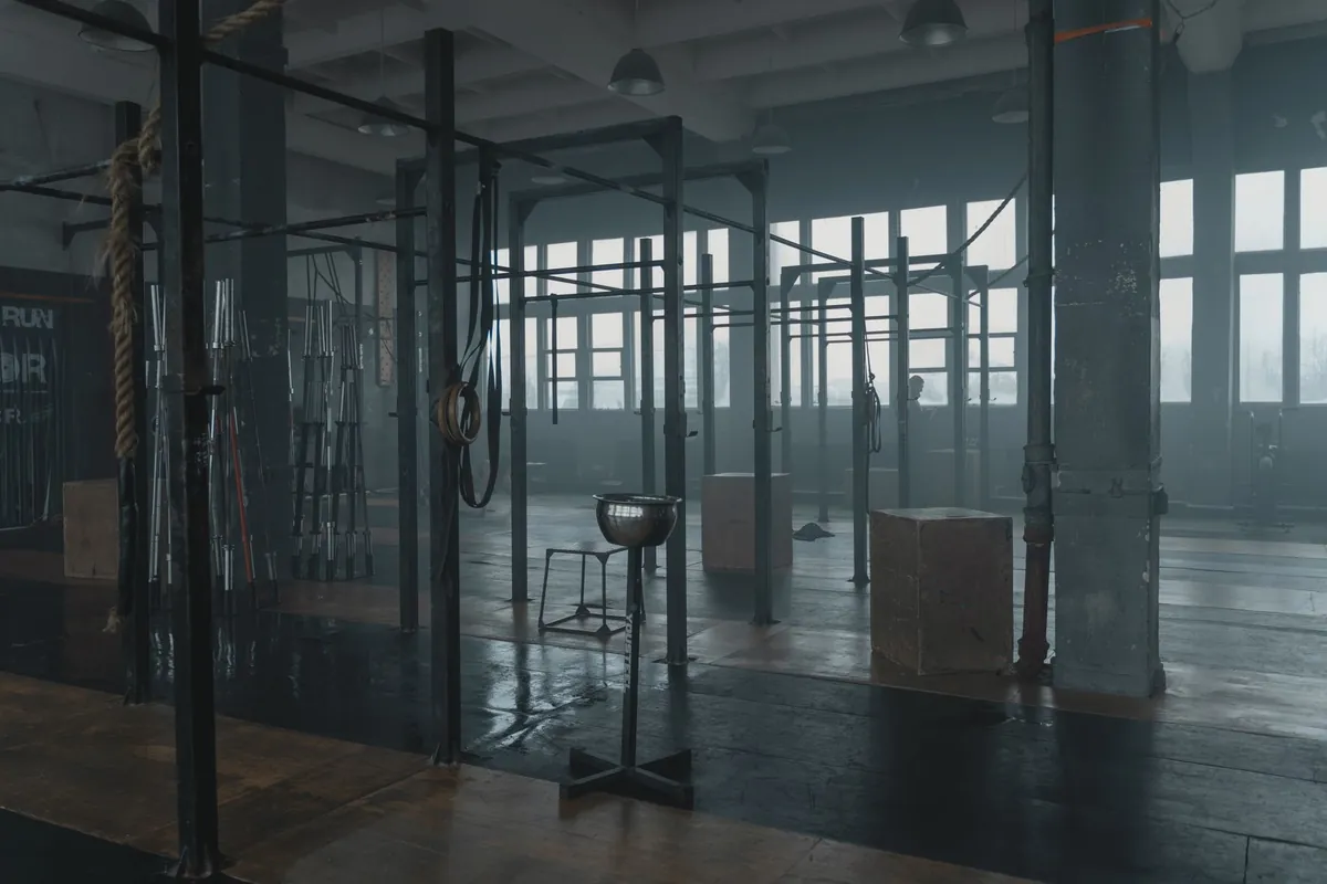 Box di crossfit vuoto con il rig, la corda per arrampicata, gli anelli e i box da salto sul pavimento di legno